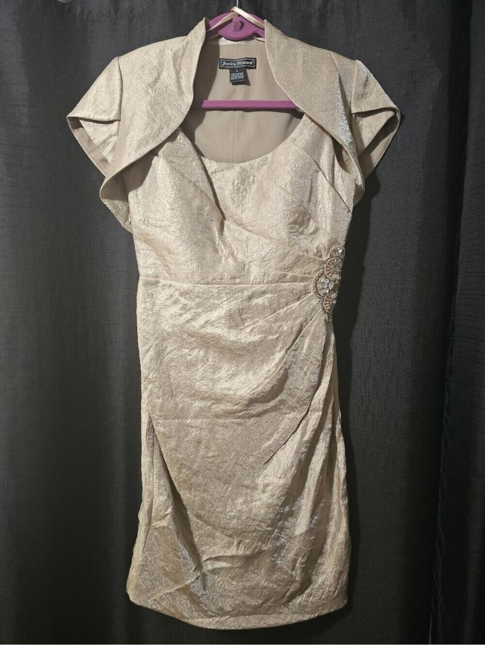 Jessica Howard Metallic Champagne Midi Dress with Bolero